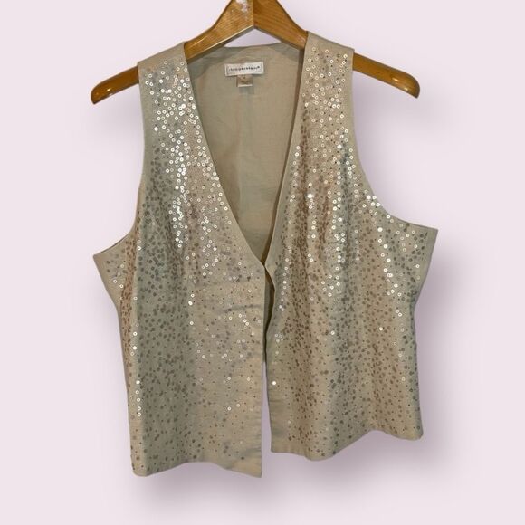 Natural beige Linen vest with gold sequins size XL coastal grandma granddaughter - Picture 1 of 8